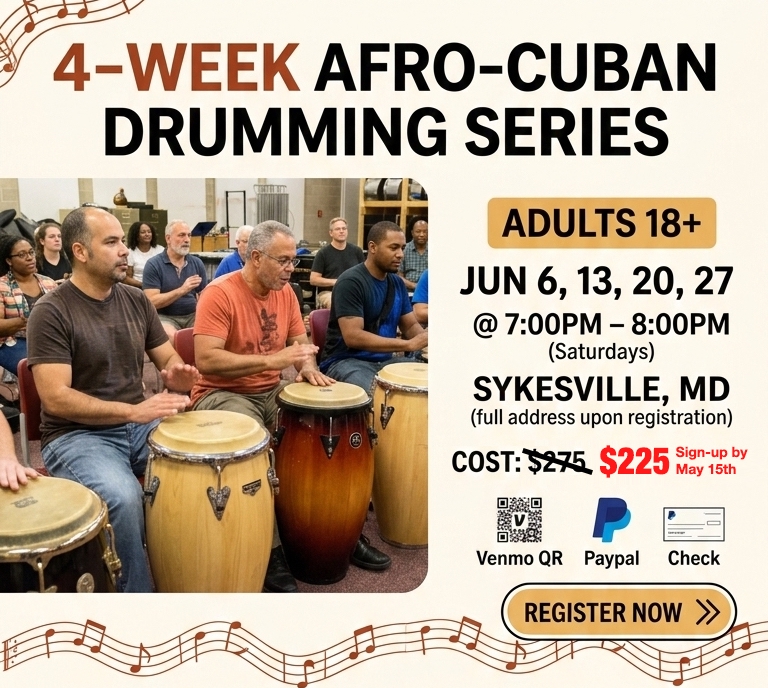 Learn common folk rhythms from Cuba, Puerto Rico and West Africa.